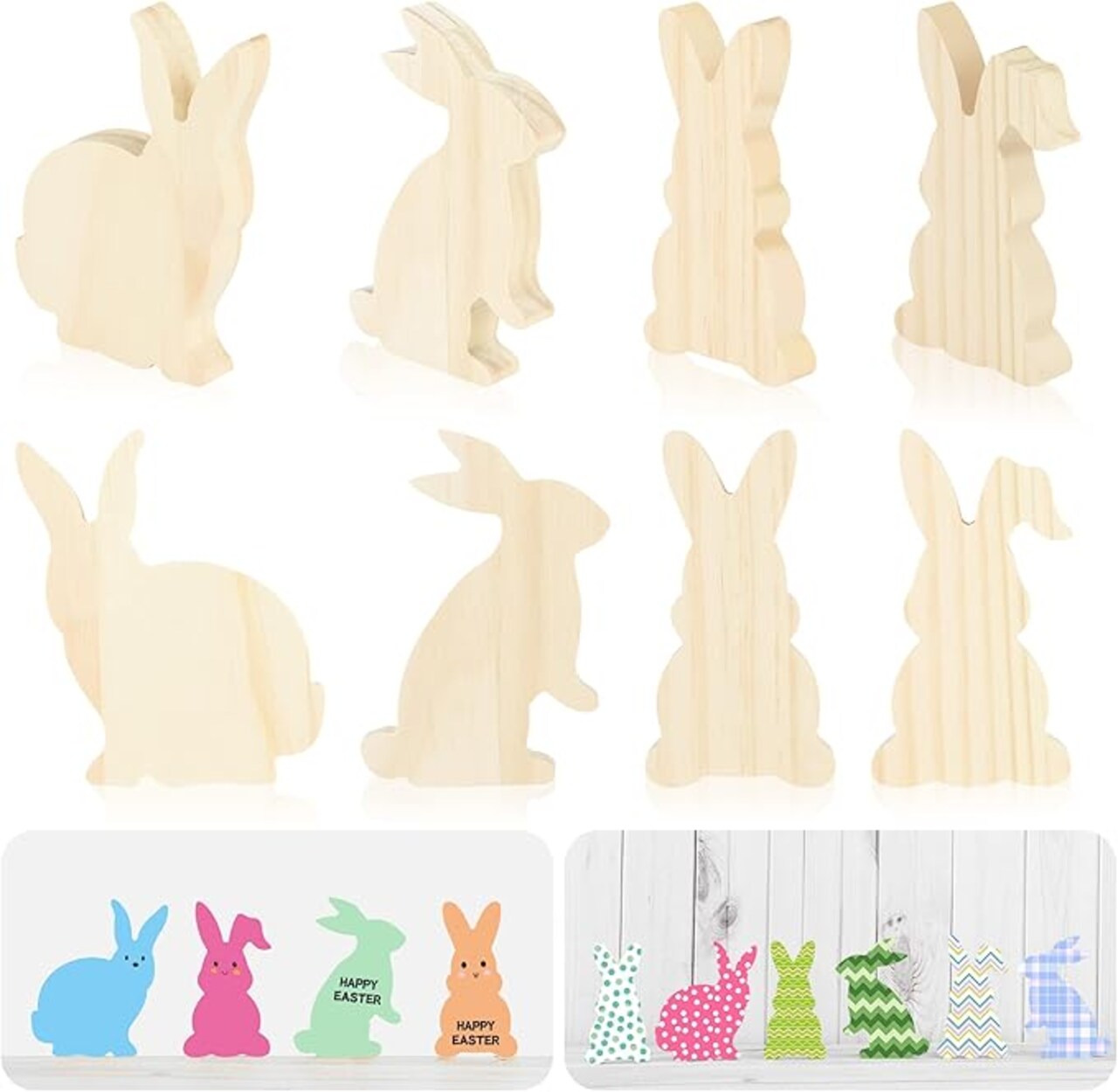 12-Piece Easter Wooden Bunny Cutouts – DIY Paintable Rabbit Signs for Spring Table & Tiered Tray Decor (4 Styles)